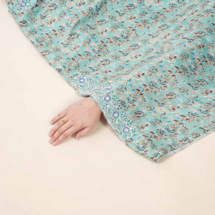 light-baby-silk-celeste-leaves-with-shaila Mukhawar fabric 
